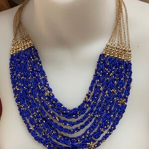 Erica Lyons Beaded 8 layered cobalt blue and gold bib necklace 20in exotic boho
